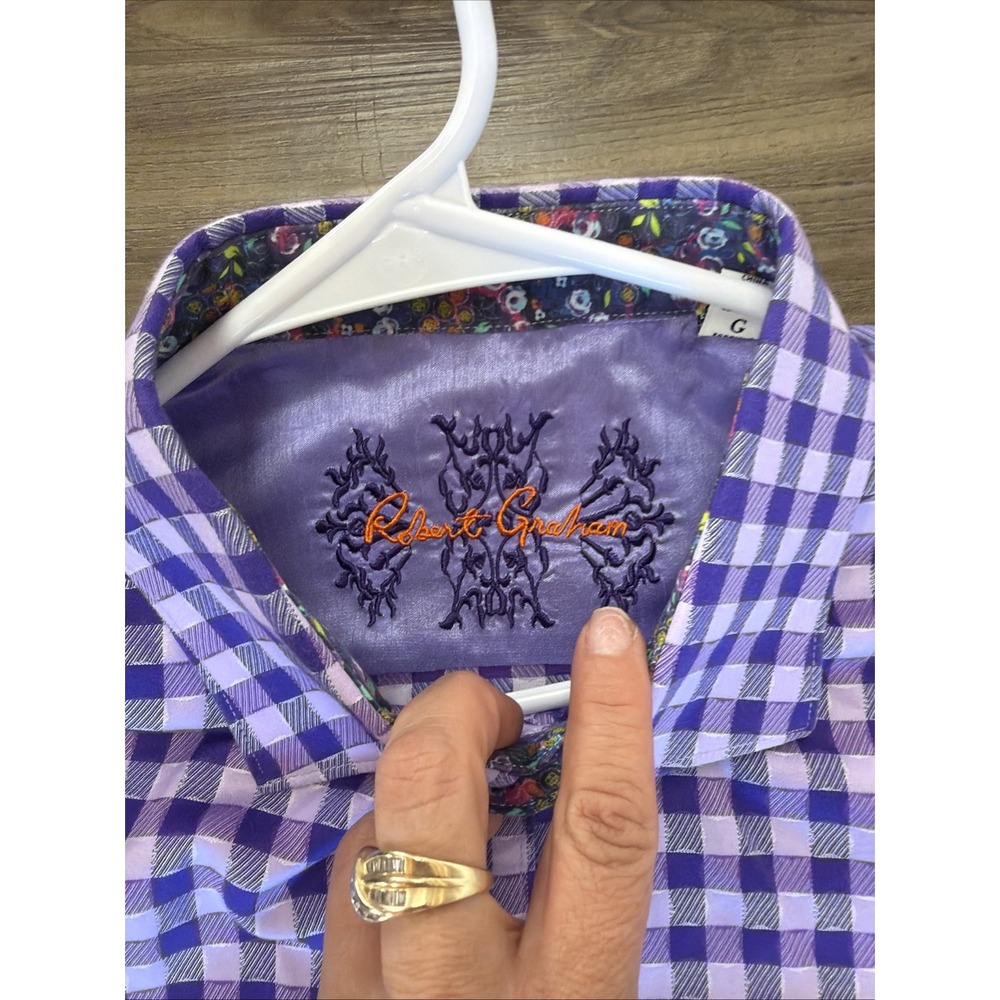 Robert Graham Mens L Purple Gingham Flip Cuff Embroidered Button Up - Picture 5 of 8